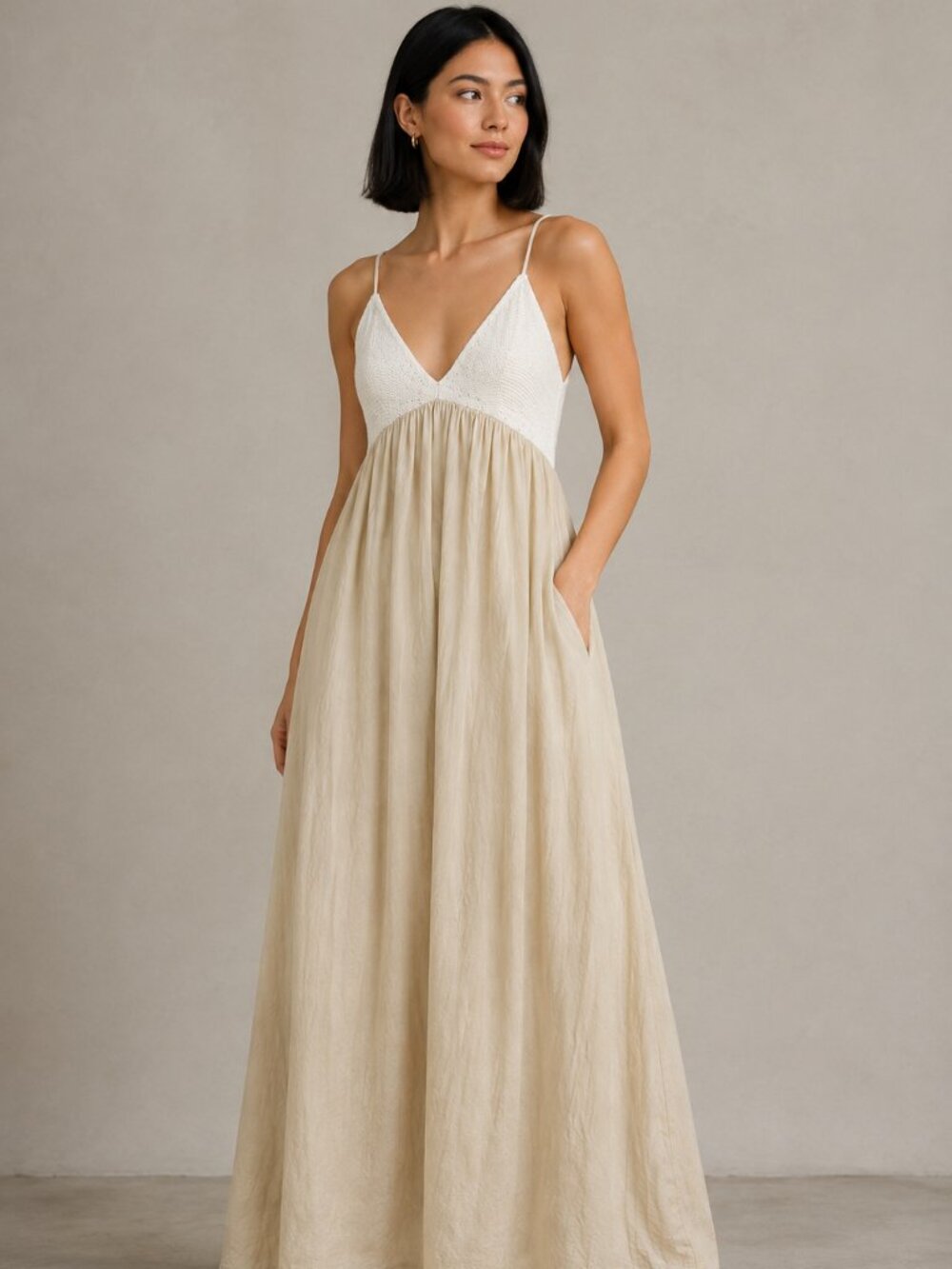 🤍 Bucket List Off-White Crochet V-Neck Maxi Dress — Boutique Boho — Size L